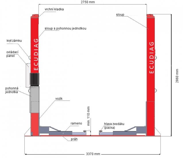 ECUDIAG CH-L40B, hydraulický stlpíkoví zdvihák, nosnost 4 t - Kliknutím na obrázok zatvorte -